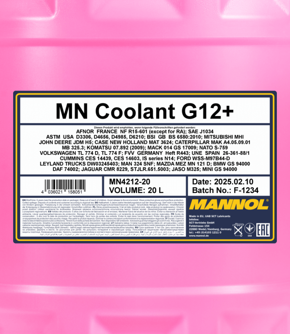 Mannol G12+ Koelvloeistof rood - 20 Liter - etiket
