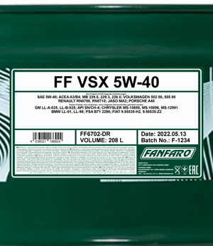 Fanfaro VSX | 5W40 | Vol Synthetische Motorolie | 208 Liter