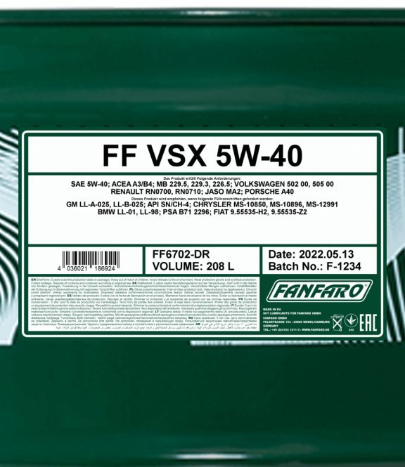 Fanfaro VSX | 5W40 | Vol Synthetische Motorolie | 208 Liter