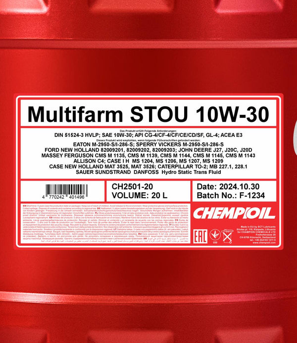 Chempioil 2501 Multifarm STOU 10W-30 Motorolie - 20 Liter