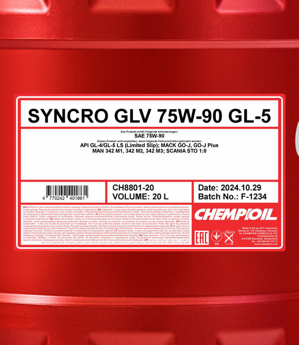 Chempioil 8801 Syncro GLV 75W-90 GL-4/GL-5 LS Versnellingsbakolie - 20 Liter