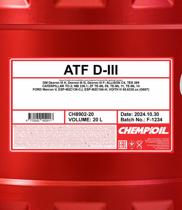 Chempioil 8902 ATF D-III Versnellingsbakolie - 20 Liter