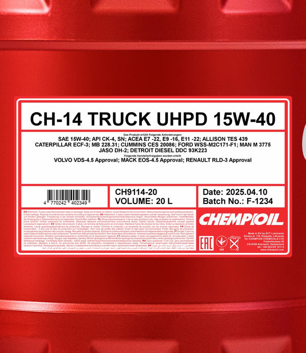 Chempioil 9114 CH-14 TRUCK UHPD 15W-40 Motorolie - 20 Liter