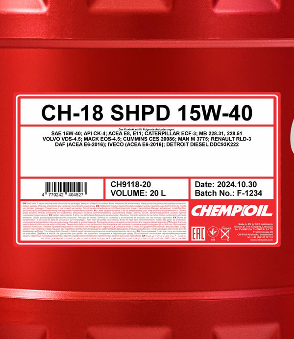 Chempioil 9118 CH-18 SHPD 15W-40 Motorolie - 20 Liter
