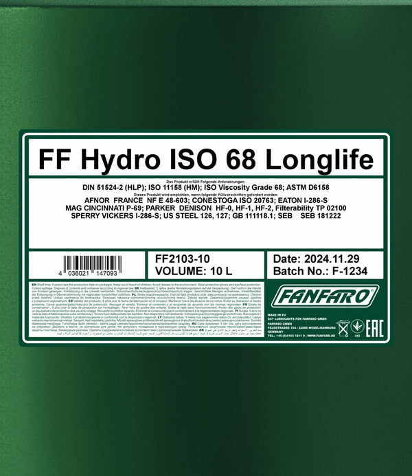 Fanfaro 2103 Hydro ISO 68 LONGLIFE Hydrauliekolie - 10 Liter