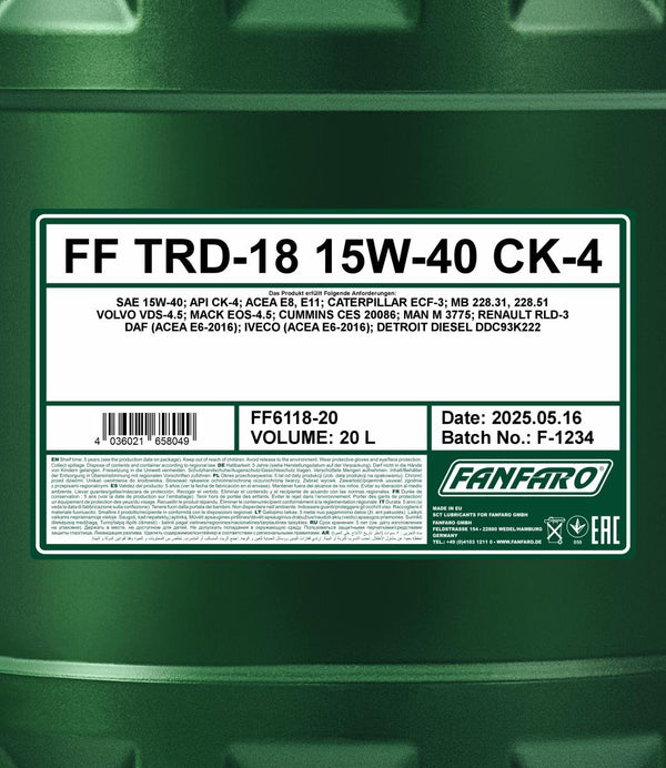Fanfaro 6118 TRD-18 SHPD 15W-40 Motorolie - 20 Liter