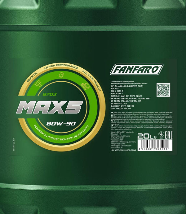 Fanfaro 8703 MAX 5 80W-90 GL-5 LS Versnellingsbakolie - 20 Liter
