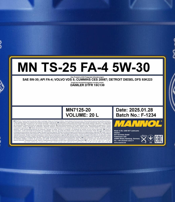 Mannol 7125 TS-25 FA-4 5W-30 Motorolie - 20 Liter