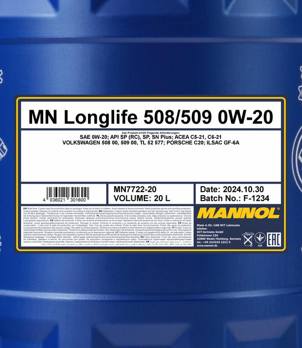 Mannol 7722 Longlife 508/509 0W-20 Motorolie - 20 Liter