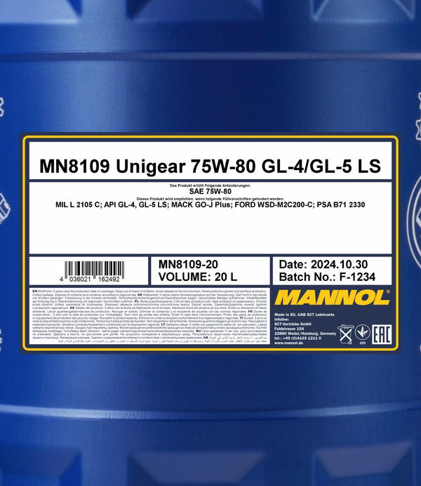 Mannol 8109 Unigear 75W-80 GL-4/GL-5 LS Versnellingsbakolie - 20 Liter