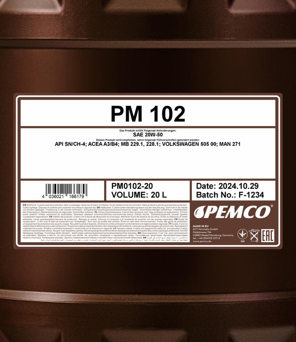 Pemco 102 20W-50 Motorolie - 20 Liter