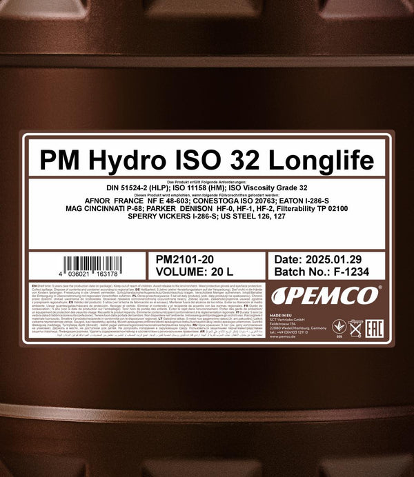 Pemco 2101 Hydro ISO 32 LONGLIFE Hydrauliekolie - 20 Liter