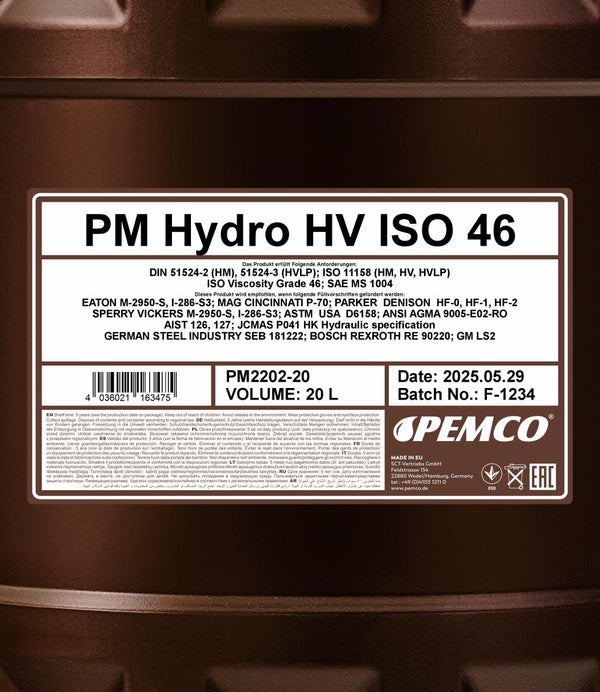 Pemco 2202 Hydro HV ISO 46 LONGLIFE Hydrauliekolie - 20 Liter