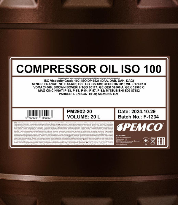Pemco 2902 Compressor Oil ISO 100 - 20 Liter