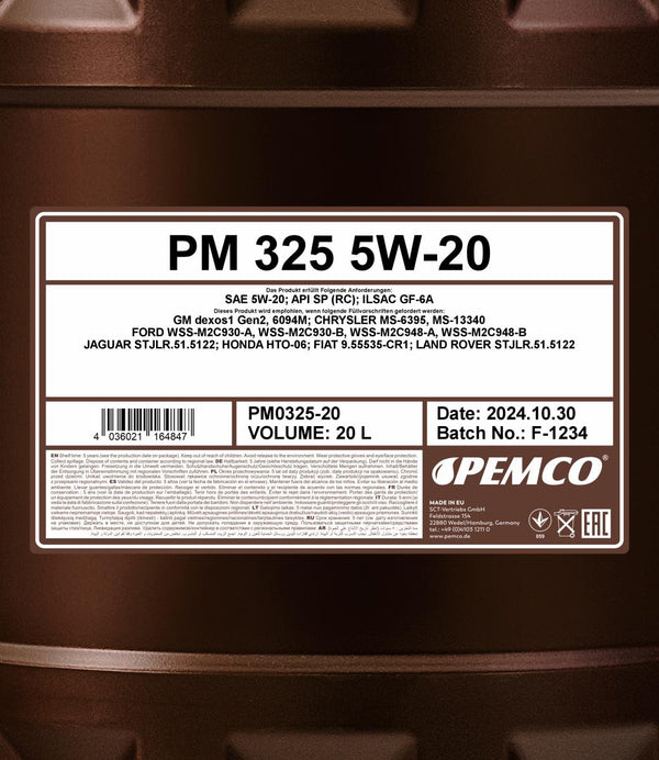 Pemco 325 5W-20 Motorolie - 20 Liter