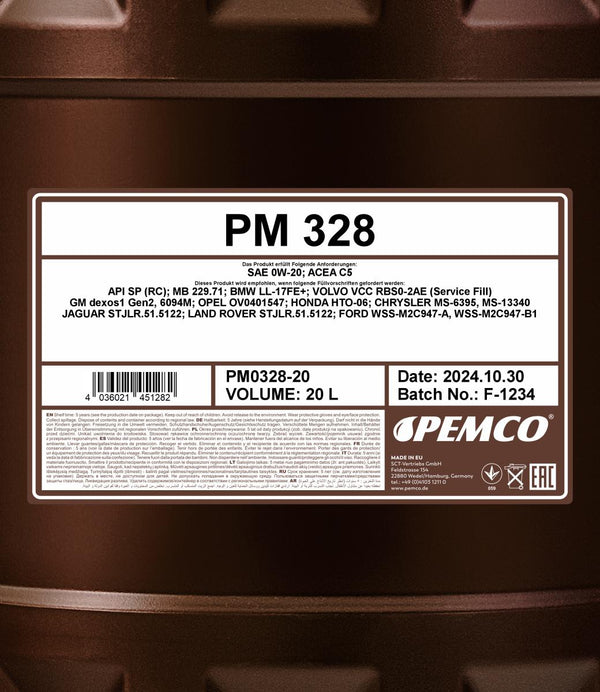 Pemco 328 0W-20 Motorolie - 20 Liter