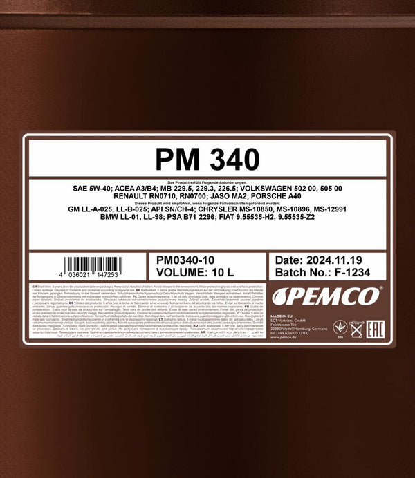 Pemco 340 5W-40 Motorolie - 10 Liter