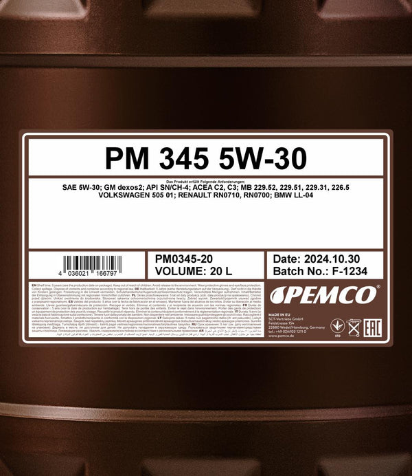 Pemco 345 5W-30 Motorolie - 20 Liter