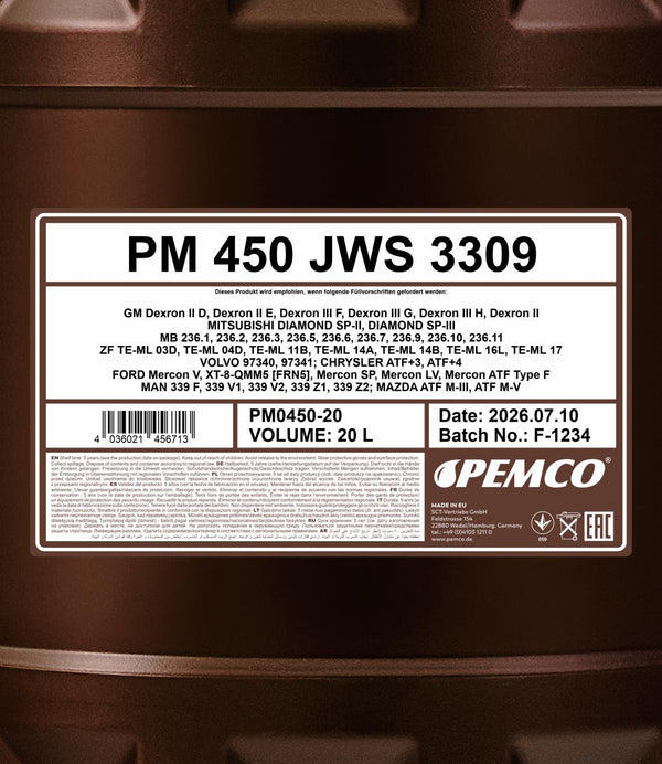Pemco 450 ATF JWS 3309 Versnellingsbakolie - 20 Liter