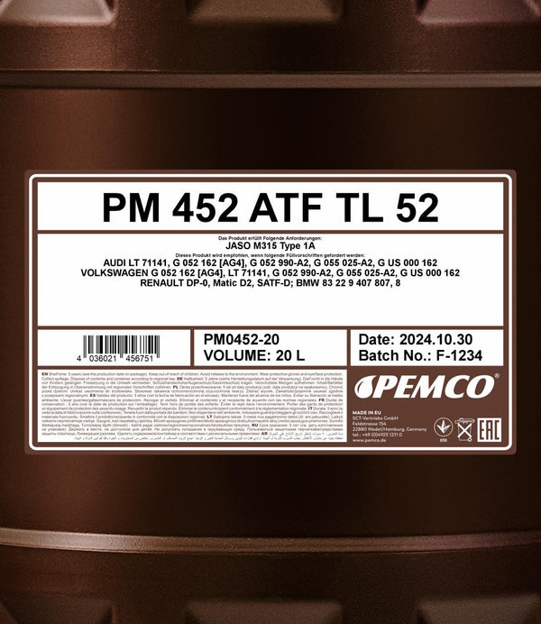 Pemco 452 ATF TL 52 Versnellingsbakolie - 20 Liter