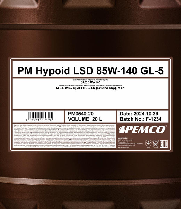 Pemco 540 Hypoid LSD 85W-140 GL-5 Versnellingsbakolie - 20 Liter