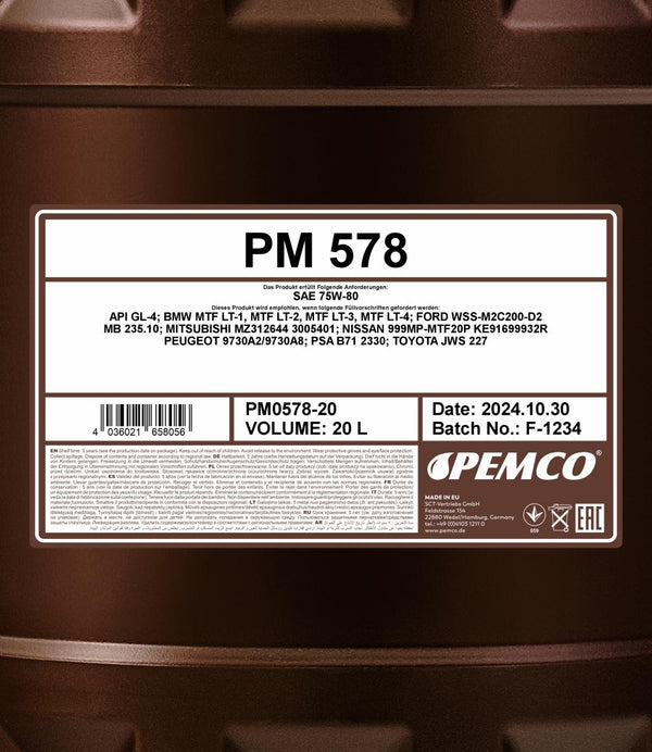Pemco 578 75W-80 Versnellingsbakolie - 20 Liter