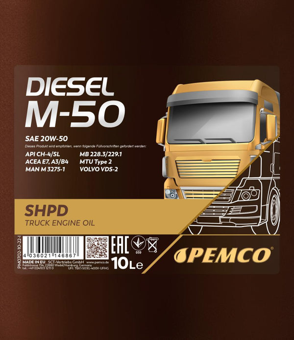 Pemco 702 Diesel M-50 SHPD 20W-50 Motorolie - 10 Liter