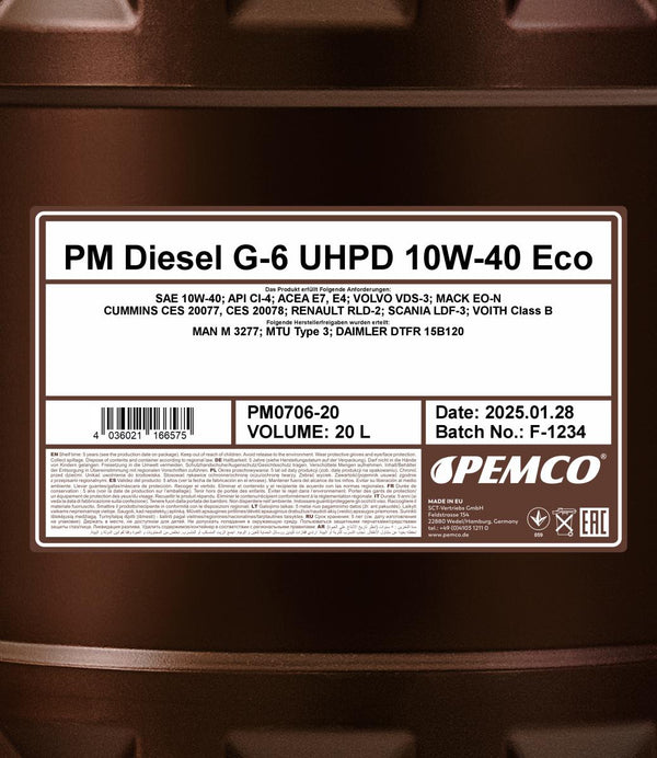 Pemco 706 Diesel G-6 UHPD 10W-40 Eco Motorolie - 20 Liter