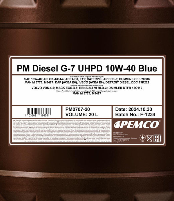 Pemco 707 Diesel G-7 UHPD 10W-40 Blue Motorolie - 20 Liter