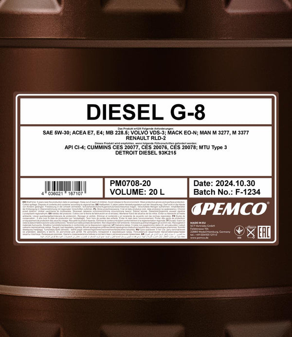 Pemco 708 Diesel G-8 UHPD 5W-30 Motorolie - 20 Liter