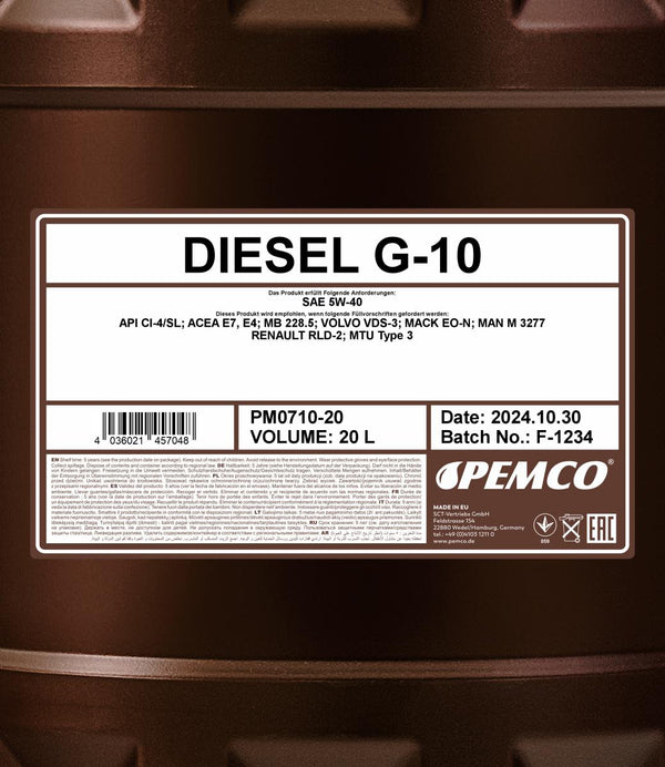 Pemco 710 Diesel G-10 UHPD 5W-40 Motorolie - 20 Liter