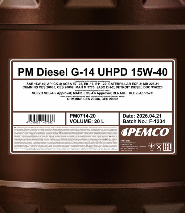 Pemco 714 Diesel G-14 UHPD 15W-40 Motorolie - 20 Liter