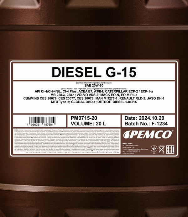 Pemco 715 Diesel G-15 SHPD 20W-50 Motorolie - 20 Liter