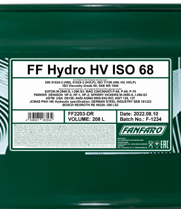 Fanfaro ISO HV 68 | Hydrauliek olie | 208 liter