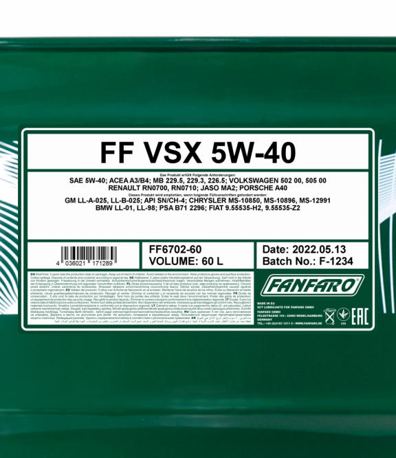 Fanfaro VSX | 5W40 | Vol Synthetische Motorolie | 60 Liter