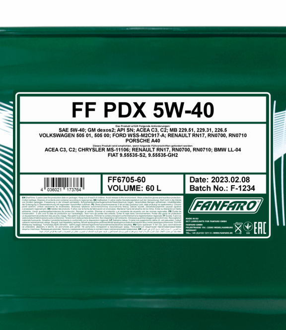 Fanfaro PDX | 5W40 | Synthetische Motorolie | 60 Liter