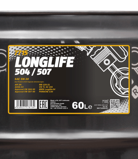 Mannol Longlife 504/507 | 5W30 Vol Synthetische motorolie | 60 Liter