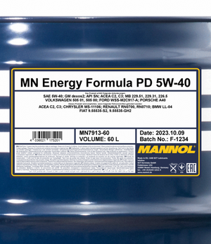 Mannol Energy Formula PD | 5W40 Vol Synthetische Motorolie | 60 Liter